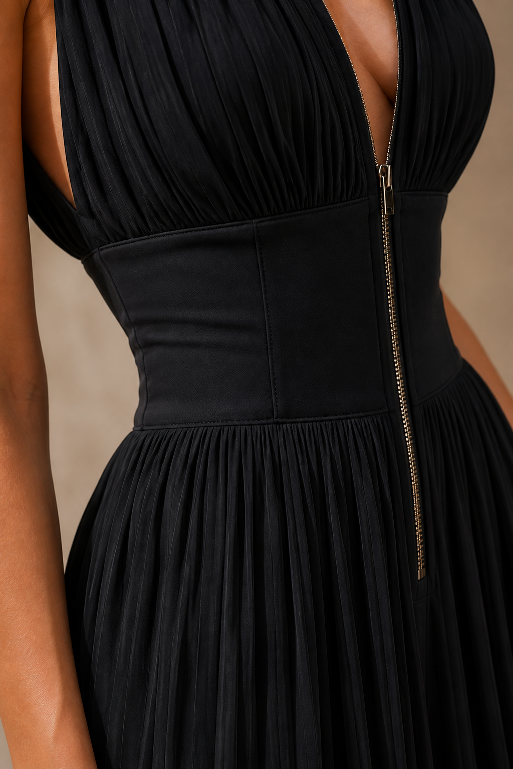 Greta – Mono plisado con cremallera frontal y pantalón palazzo