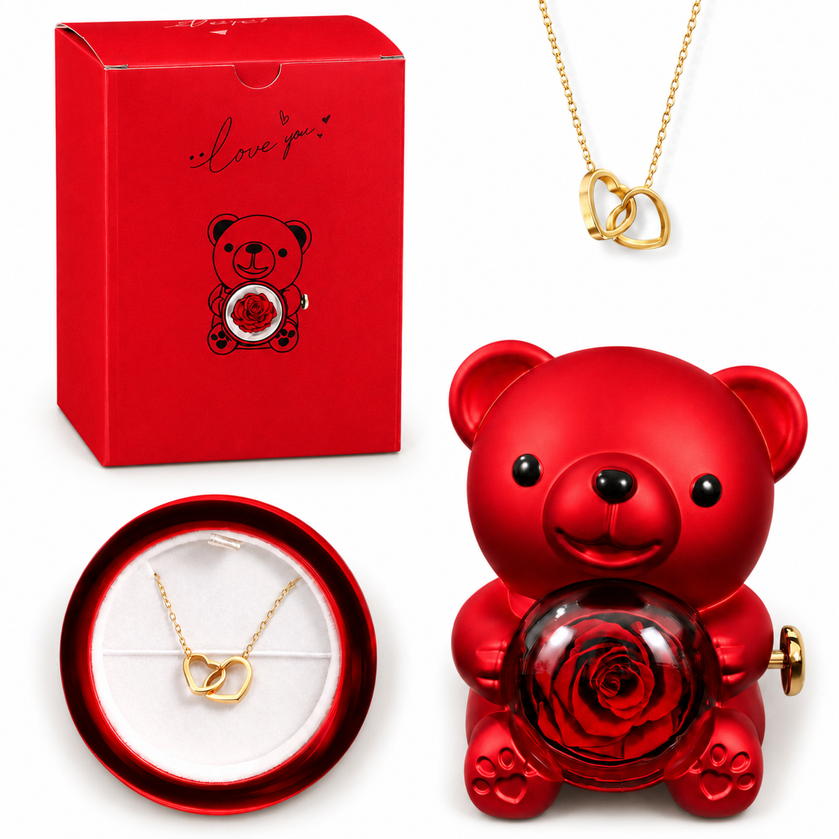 Osito con Rosa Eterna y Collar Sorpresa de Corazones