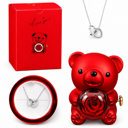 Osito con Rosa Eterna y Collar Sorpresa de Corazones