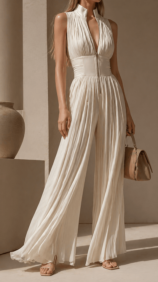 Greta – Mono plisado con cremallera frontal y pantalón palazzo