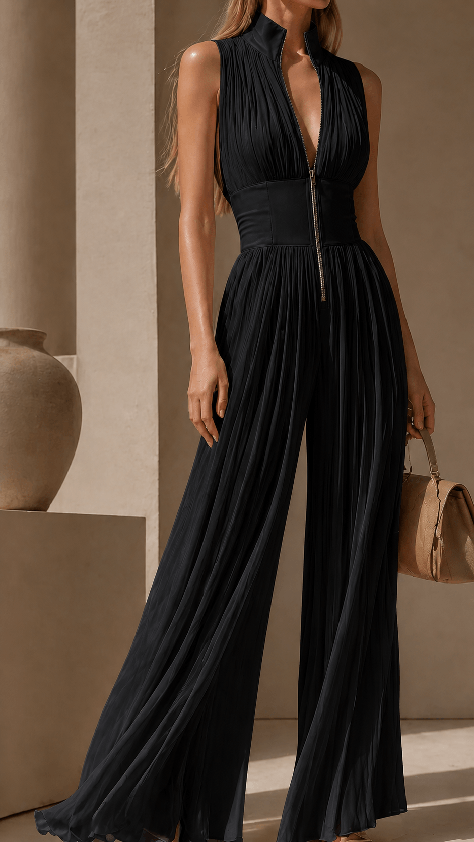 Greta – Mono plisado con cremallera frontal y pantalón palazzo