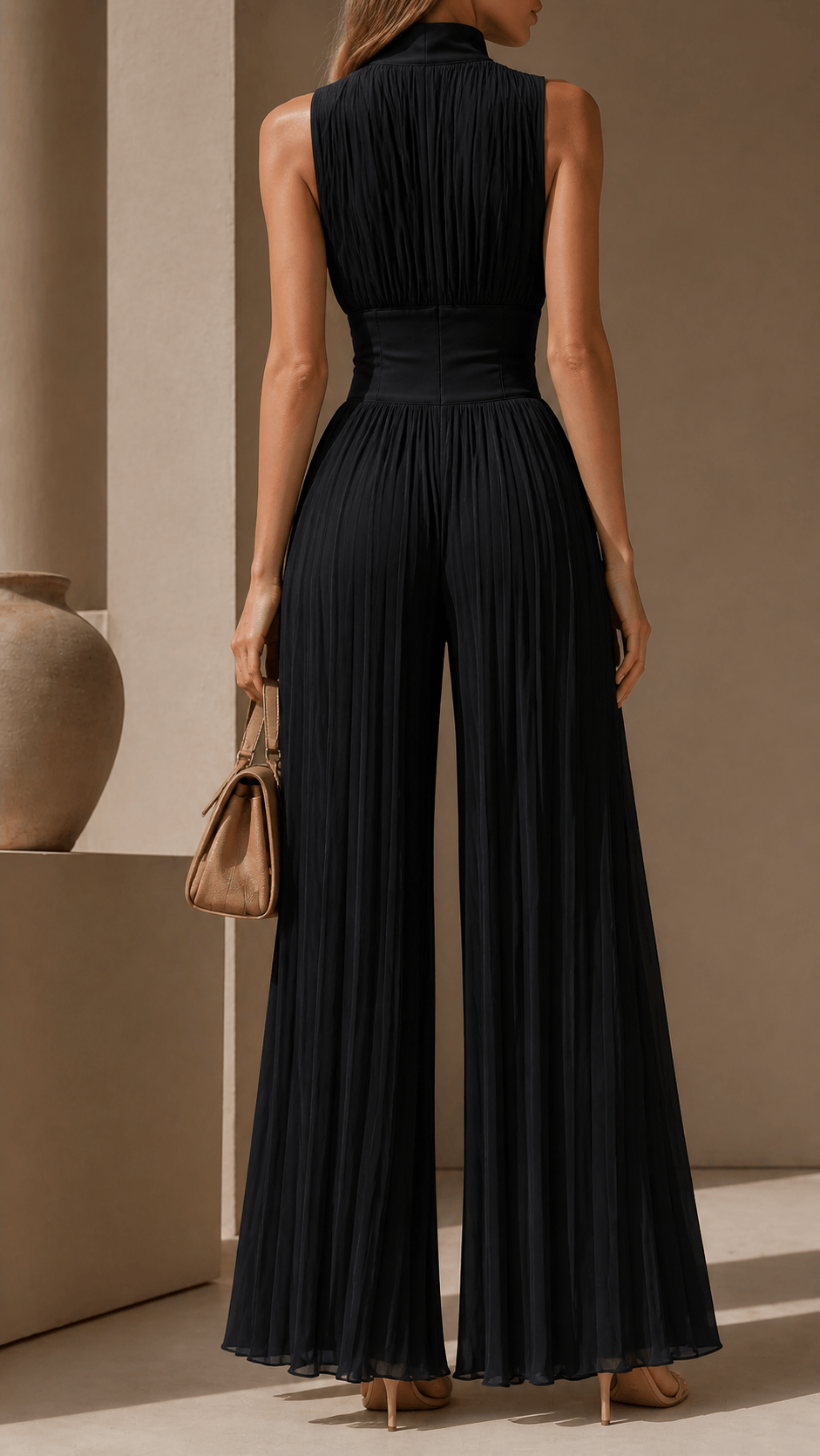 Greta – Mono plisado con cremallera frontal y pantalón palazzo